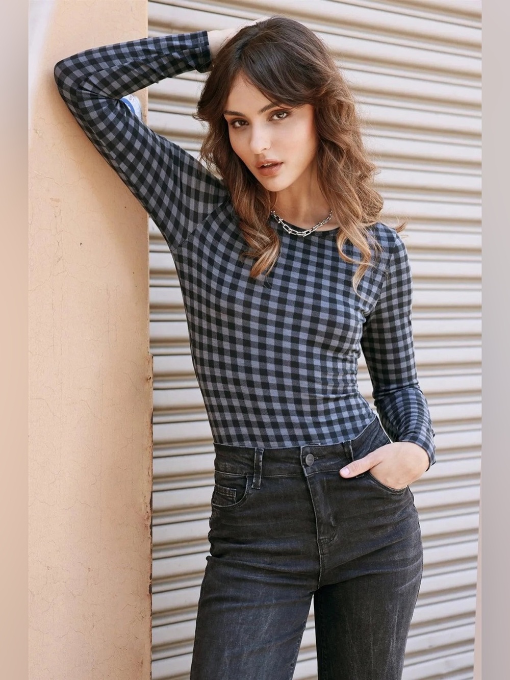 LE LIS Charcoal Black Plaid Long Sleeve Bodysuit Size Small NWT